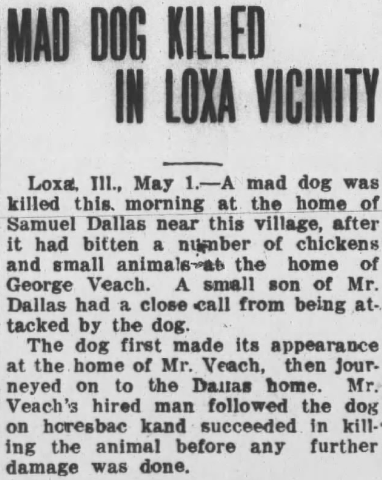 Mad dog killed in Loxa vicinity